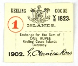 195.  Cocos Keeling / Keeling Cocos Islands 1902 Currency: One Rupee; SIZE: