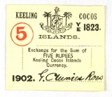 197.  Cocos Keeling / Keeling Cocos Islands 1902 Currency: Five Rupees; SIZ
