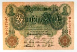 218.  Germany 1910 50 Mark; KP Catalog #41; CONDITION:  AU; VALUE:  $60 pro