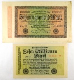 227.  Germany 1923 20,000 Mark; KP Catalog #85a; CONDITION:  AU; & 1923 10