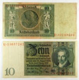 230.  Germany 1929 (2) 10 Reichsmark KP Catalog #180.  CONDITION:  VF & CU:
