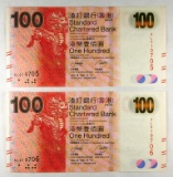 254.  Hong Kong 2013 $100 Standard Chartered Bank (2 pcs.); Catalog #299 (U