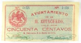 279.  Mexico 1915 Ayuntamiento De La H. Zitacuaro 50 Centavos; Mexican Cata