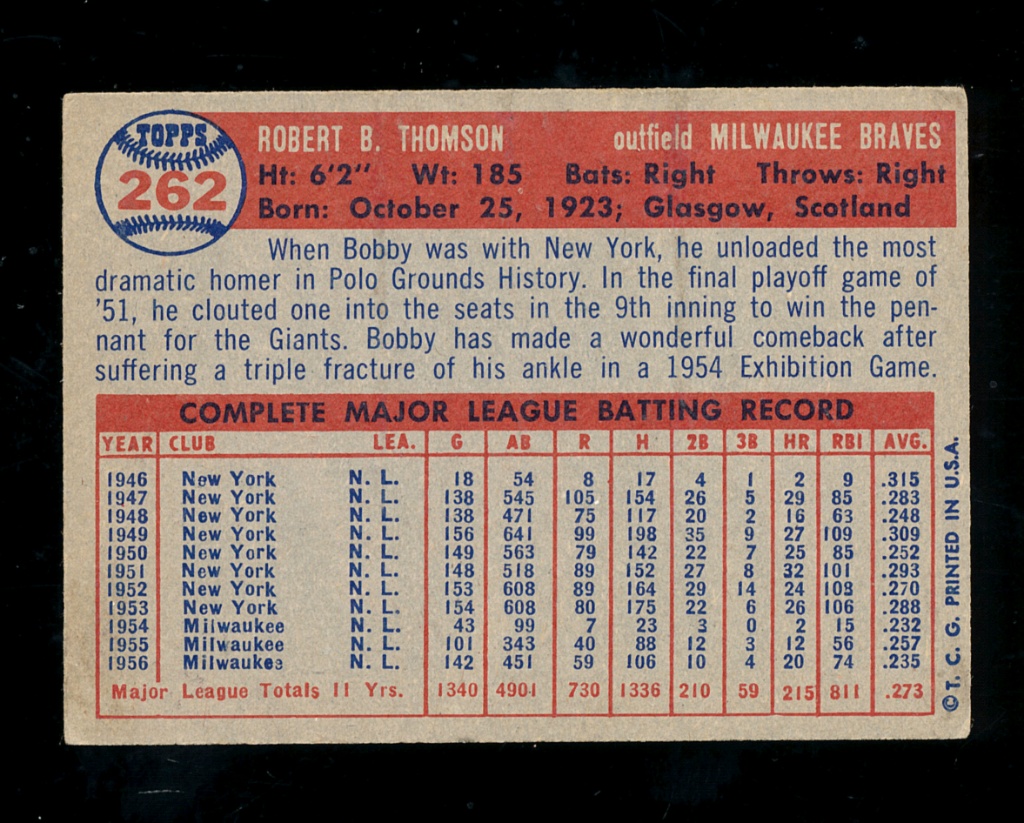 1957 Topps Baseball Card #262 Bobby Thompson Milwaukee Braves. | Art,  Antiques & Collectibles Collectibles Sports Memorabilia Sports Cards |  Online Auctions | Proxibid