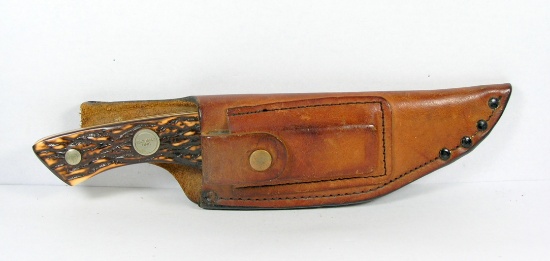 Remington UMC R-6 Drop PT Saw Back Hunting Knife. Staglon Handle. Leather S