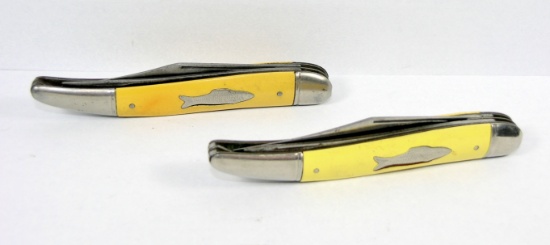 2-Imperial Fish Knives. Clip & Fish Scales Blades. One Has Advertising.