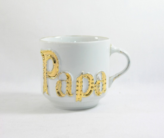 Vintage  Gold and White "Papa" Mustache Mug. Made in Germany.