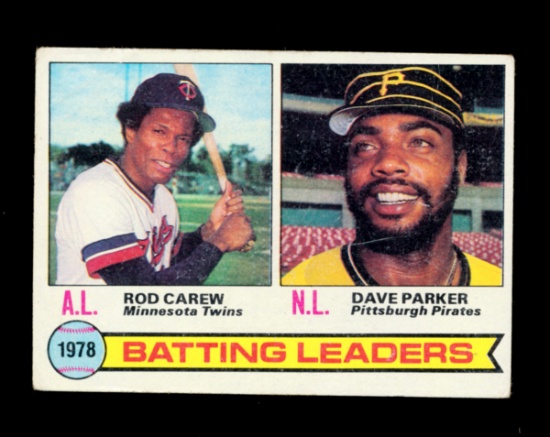 1979 Topps Baseball Card #1 Batting Leaders: Rod Carew-Dave Parker. Ink Mar