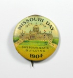 1904 St. Louis Worlds Fair Celluloid Pin Back for:  MISSOURI DAY / (Missour