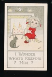 AMHERST:  1913 Printed Post Card I WONDERWHATS KEEPING HIM A Kitty looks at