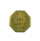 BLAIR:  FREEMANS / BAR / BLAIR / WIS.  GOOD FOR / 5c / IN TRADE.  Brass; CO