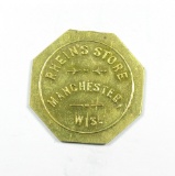 MANCHESTER:  RHEINS STORE / MANCHESTER / Wis.Brass - GOOD FOR / $5.00 / IN