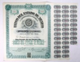 1897 BANCO DEL ESTADO DE MEXICO 100 Pesos Bond.  SIZE:  8 3/8 x 15