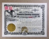 1915 Cambria Canning Company of Wisconsin IssuedStock Certificate #47 for 1