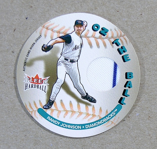 2003 Fleer "On The Ball" GAME WORN JERSEY Round Baseball Card Randy Johnson