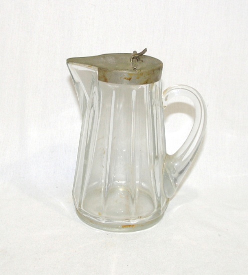 Vintage Glass Syrup/Cream Pitcher with Metal Lid/Spout. 5-1/4" tall