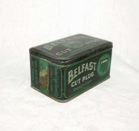 Vintage Belfast Cut Plug smoke or chew Tobacco Tin. 3-3/4" x 6" x 3"