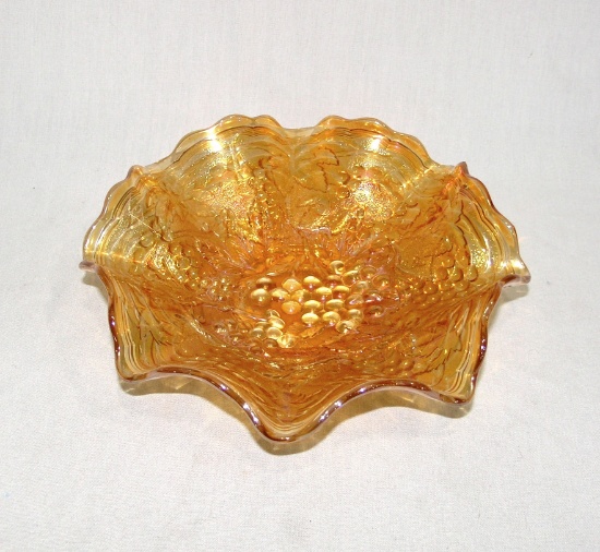 Vintage Marigold Ruffled Edge Carnival Glass Bowl with Imperial Grape Patte