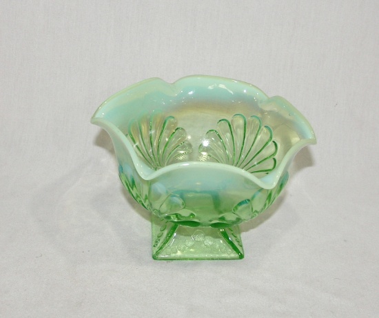 Vintage Green Opalescence Depression Glass Candy Bowl with Beads and Fans P