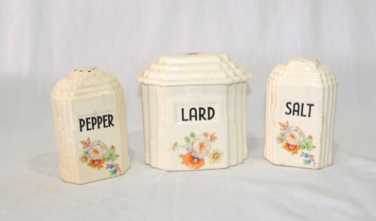 Vintage Harker Pottery Salt & Pepper Shakers & Lard Container with Floral D