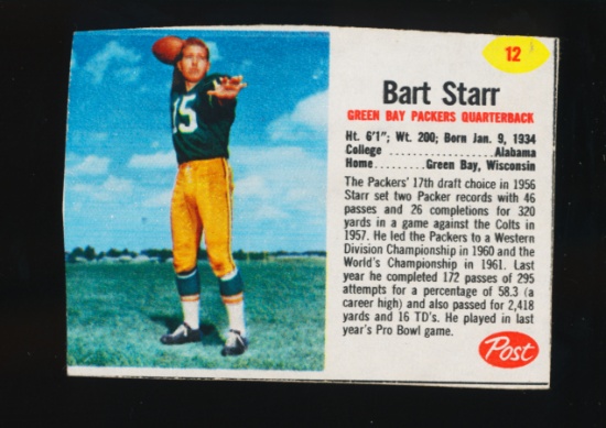 1962 Post Cereal Football Card #12 Hall of Famer Bart Starr Green Bay Packe