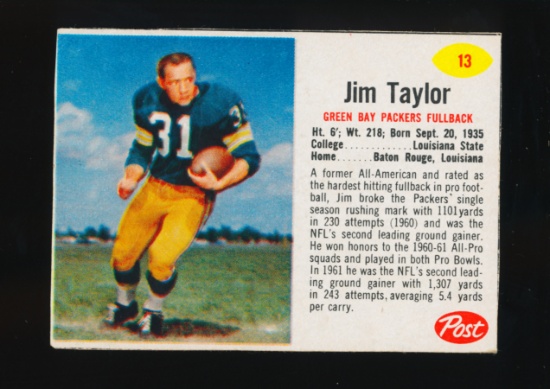 1962 Post Cereal Football Card #13 Hall of Famer Jim Taylor Green Bay Packe