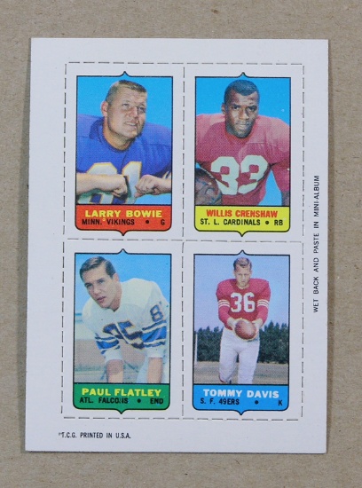 1969 Topps Four-in-One Football Card: Larry Bowe-Willis Crenshaw-Paul Flatl