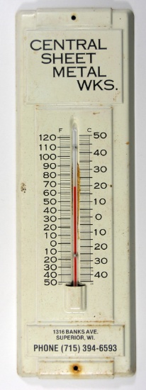 Collectable Metal Thermometer "Central Sheet Metal Wks." Superior, WI.    1
