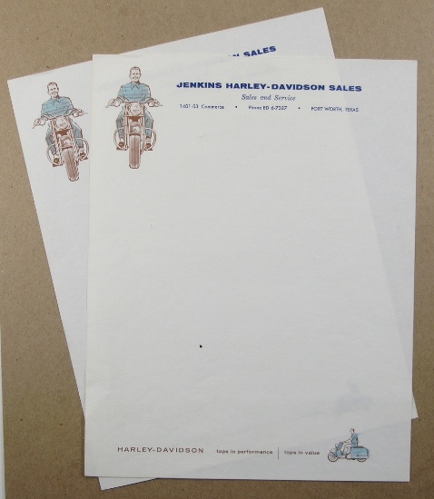 (2) 1950s Harley Davidson Letterhead Sheets Unused from "Jenkins-Harley Dav