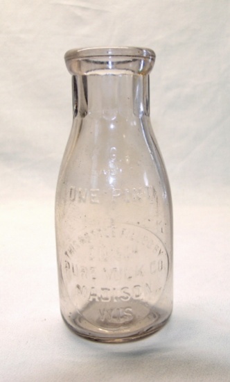 Vintage One Pint Glass Embossed Milk Bottle.  Zilisch Pure Milk Co. Madison