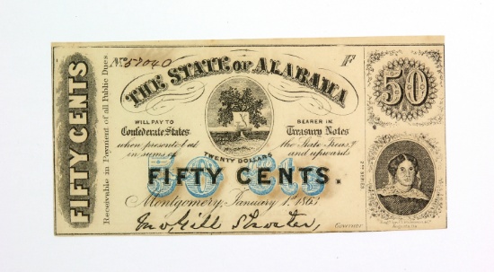 Civil War 1863 Alabama 50 Cent Note.  Confederate currency.