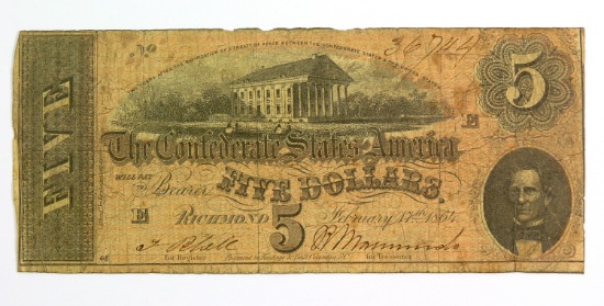 Civil War 1864 CSA $5.00 Note.  Confederate currency.