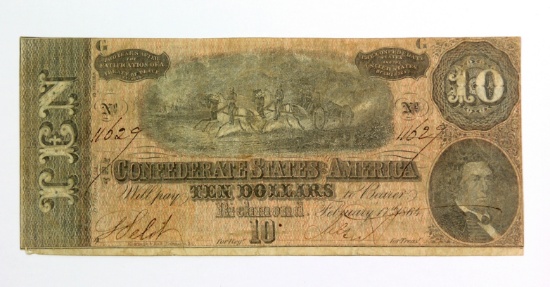 Civil War 1864 CSA $10.00 Note.  Confederate currency.
