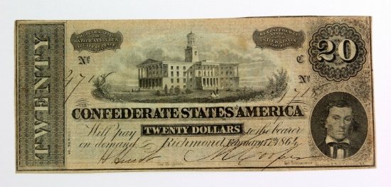 Civil War 1864 CSA $20.00 Note.  Confederate currency.