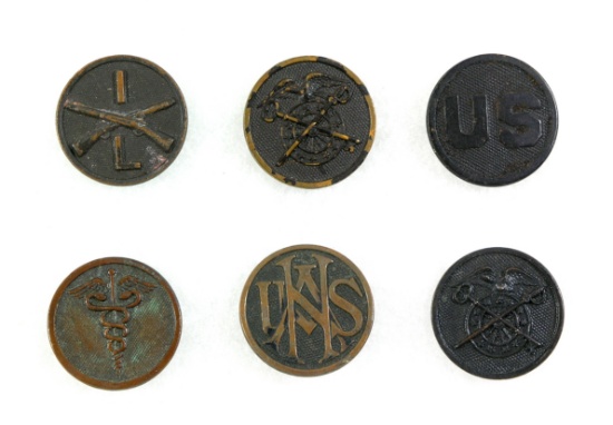 Lot of (6) WWI U.S. Army Collar Discs.  EM collar insignia.