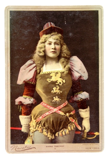 Newsboy 1890's Large Color Cabinet Card of Actress (Marie Tempest).  Measur