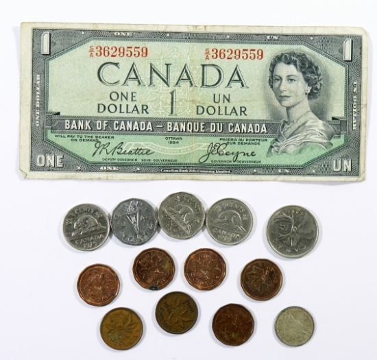 Canadian Money. 1954 One Dollar and Misc Coins.