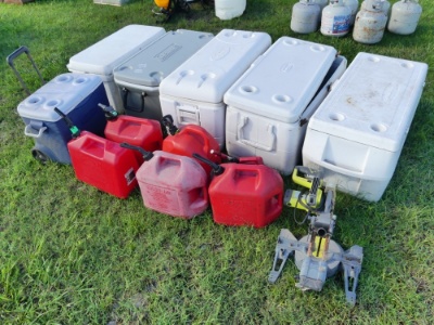 (6) Coolers, (6) Fuel Cans, & Ryobi Table Saw