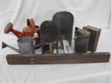 (2) SEED/FEED SCOOPS, (2) WATERING CANS, BEEHIVE SMOKER, LEVEL