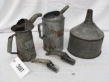 (1) GALVANIZED FUNNEL/ (2) GALVANIZED OIL CANS/ (2) OIL CAN OPENERS/SPOUT