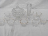 CRYSTAL CANDY DISH AND BUD VASE/ 12 PUNCH CUPS (GOLD RIM)