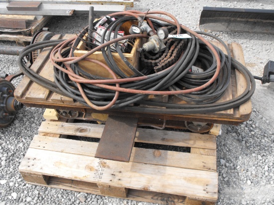 PALLET WITH TORCH HOSES, BELTS, CHAIN, GAUGES, MISC