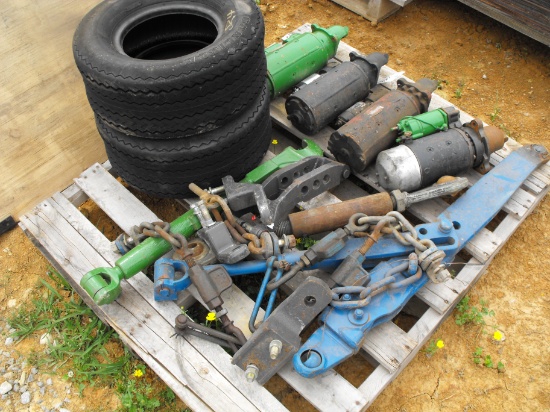 PALLET OF STARTERS, HITCH PARTS, GOLF CART TIRES