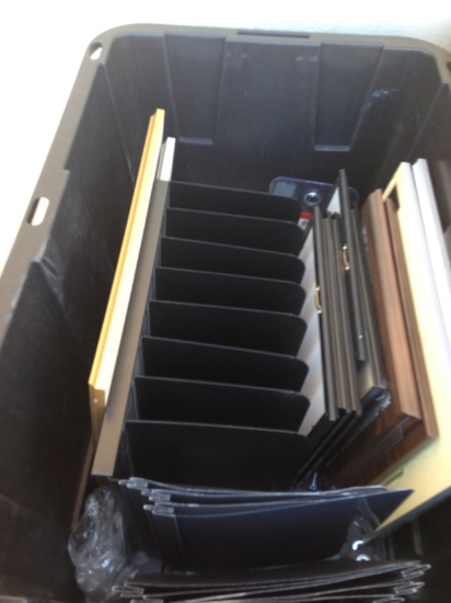 office lot bin full of paper dividers, frames plaques folders and more