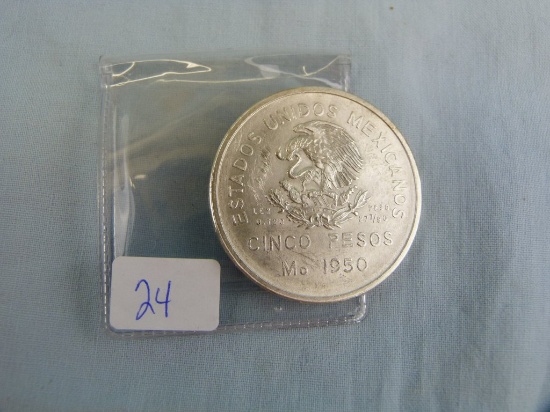 1950 Mexican 5 Peso coin, train on back