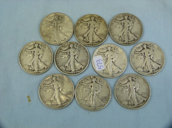 10 US Walking Liberty Half Dollars, 1930's & 40's