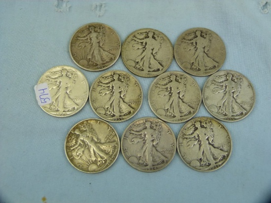 10 US Walking Liberty Half Dollars, most are 1930's