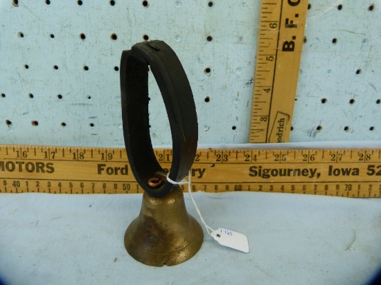 Brass bell with leather loop handle, 5-5/8" T