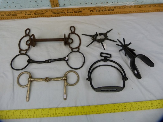 6 Items: 3 horse bits, stirrup, spur, & nose ring/calf weaner