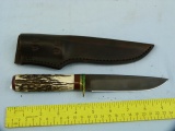 Custom hunting knife, stamped EJC, file blade, stag handle